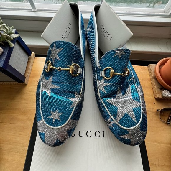 Gucci Blue and Silver Star Loafers - Picture 1 of 8